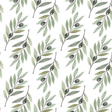 Beyaz arka planda yumuşak suluboya şeklinde kusursuz zeytin dalı deseni. Paskalya, Palm Sunday için mükemmel, kilise malzemeleri için sakin bir dini tasarım, davetiyeler, posterler, inanç tabanlı baskı projeleri.