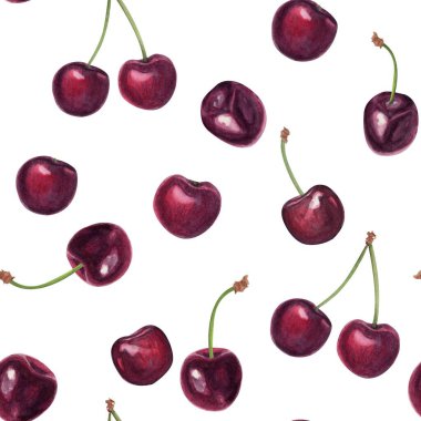 Olgun kiraz meyveleri, elle boyanmış sulu boya beyaz arka planda izole edilmiş, meyve yüzeyi tasarımı gıda ambalajı, tekstil baskıları, ambalaj kağıdı, markalaşma ve dekoratif projeler için..