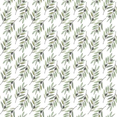 Beyaz arka planda yumuşak suluboya şeklinde kusursuz zeytin dalı deseni. Paskalya, Palm Sunday için mükemmel, kilise malzemeleri için sakin bir dini tasarım, davetiyeler, posterler, inanç tabanlı baskı projeleri.