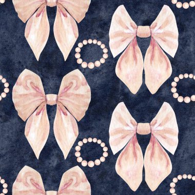 Suluboya yay ve inci bilezik pürüzsüz desen yumuşak allık ve çıplak tonlarda, desenli mavi arkaplan. Moda tasarımı için elle boyanmış kadın dekoratif koleksiyonu, düğün kırtasiyesi, markalaşma