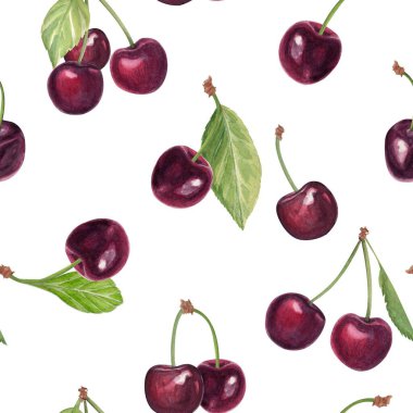 Olgun kiraz meyveleri, elle boyanmış sulu boya beyaz arka planda izole edilmiş, meyve yüzeyi tasarımı gıda ambalajı, tekstil baskıları, ambalaj kağıdı, markalaşma ve dekoratif projeler için..