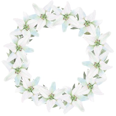 Yeşil yapraklı suluboya zambaklar, siyah arkaplanda izole edilmiş narin çiçek çerçevesi, düğün davetiyeleri için elle boyanmış botanik çizimler, Paskalya dekoru ve tebrik kartları..