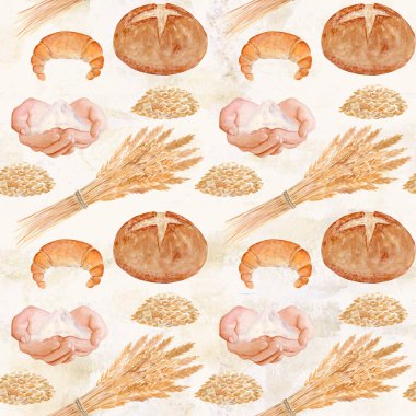 Hilal rulo, yuvarlak ekmek, buğday taneleri, un çuvalı. Bej arkaplanda kusursuz suluboya deseni fırın ambalajı, mutfak tekstili, menü tasarımı, ambalaj kağıdı, kırsal gıda için mükemmel.