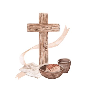 Beyaz arka planda tahta haç, keten kumaş ve kil bardak suluboya resimli. Dini kompozisyon, kopyalama alanı, Büyük Perhiz tasarımları, afişler, posterler, ruhani yayınlar için uygun.