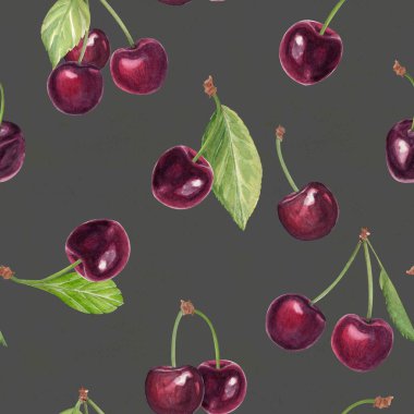 Elle boyanmış dikişsiz desenli olgun kiraz meyveleri koyu gri arka planda yeşil yapraklar. Premium ambalaj, lüks tekstil, duvar kağıdı ve zarif yüzey tasarımı için tasarlandı.