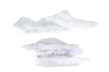 Yumuşak suluboya dağ şekilleri soluk tonlarda, minimalist manzara siluetleri beyaza izole edilmiş. Modern posterler, markalaşma, paketleme ve sakin tasarım tasarımları için sakin soyut manzara ideal.