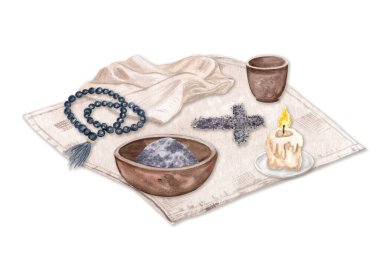 Kül haçı, tespih, katlanmış defin örtüsü, mum, kil bardak ve küllü suluboya beyaz üzerine izole edilmiş kâse. Kül Çarşambası, Kutsal Hafta, kilise medyası, vaazlar, posterler, inanç tabanlı