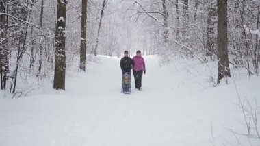 Tuhaf ailenin kış-manzarada sledging genç