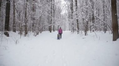 Tuhaf ailenin kış-manzarada sledging genç