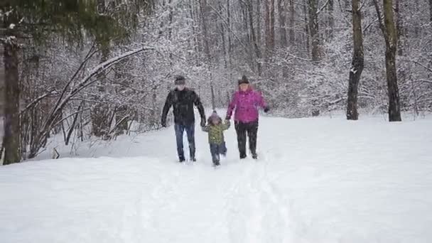 Jonge en gelukkige familie spelen in verse sneeuw op mooie zonnige winterdag die buiten in de natuur — Stockvideo