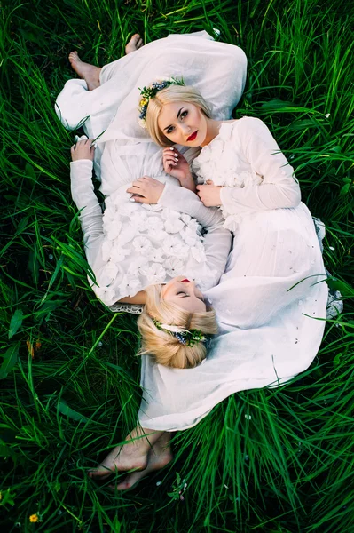 Сестры близнецы лежат на зеленой траве — стоковое фото