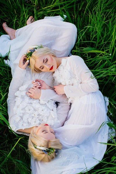 Hermanas gemelas tumbadas sobre hierba verde —  Fotos de Stock