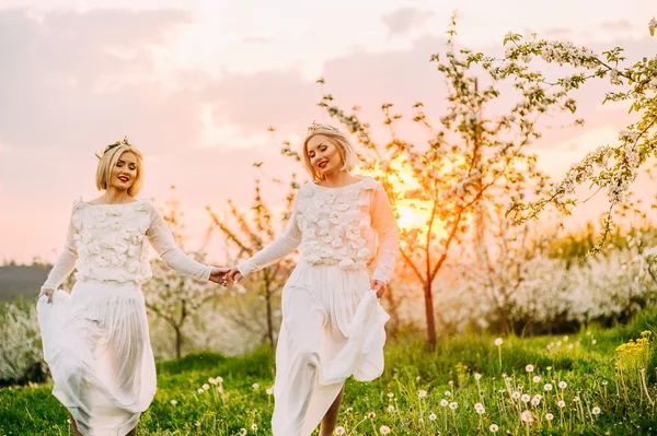 Duas irmãs gêmeas em uma flor de cereja — Fotografia de Stock