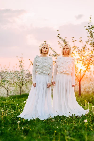 Deux sœurs jumelles dans une fleur de cerisier — Photo