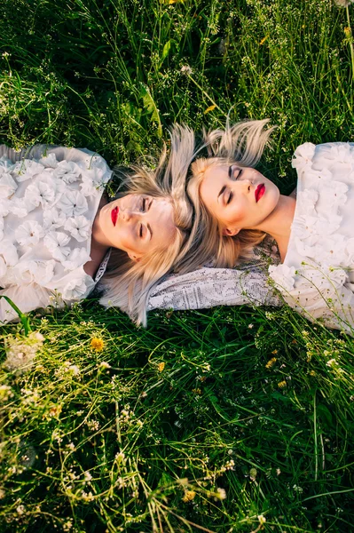 Twins sisters lying on green grass — Stock Photo, Image