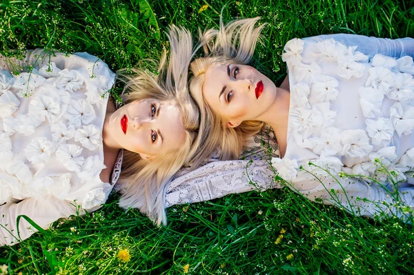 Twins sisters lying on green grass — Stock Photo, Image