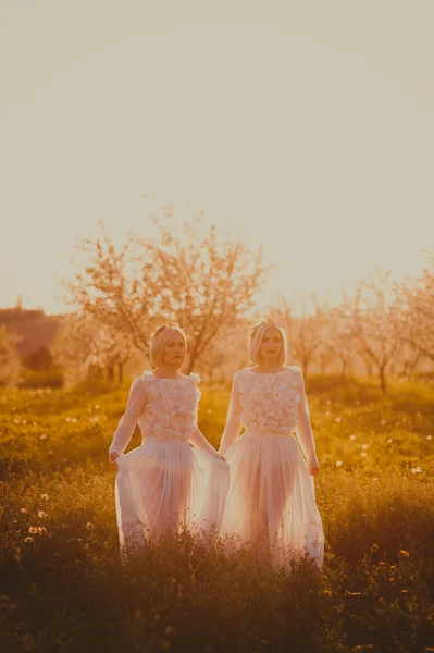 Gemelle ragazze stretching mani al cielo — Foto Stock