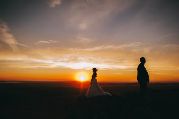 Silhuetas de uma jovem noiva e noivo — Fotografia de Stock