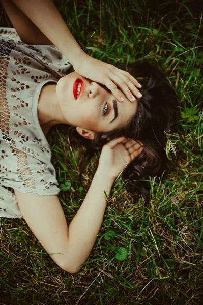 Morena chica acostada en la hierba seca —  Fotos de Stock
