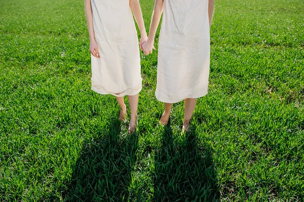 Två blonda tvillingsystrar på gräsmattan — Stockfoto
