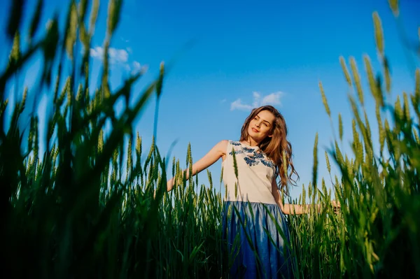 Hermosa chica de pie en un campo de trigo —  Fotos de Stock