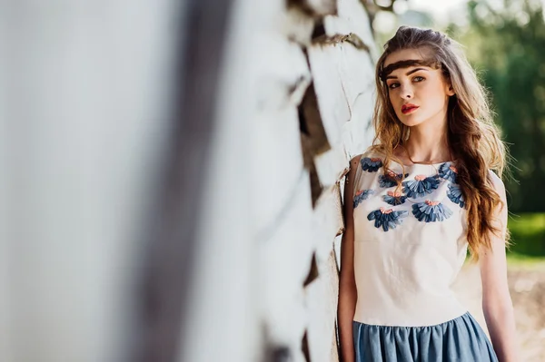 Schöne junge Mädchen in der Nähe der Mauer — Stockfoto