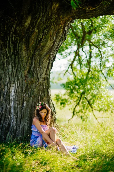 Ragazza in posa sul prato vicino vecchio albero — Foto Stock