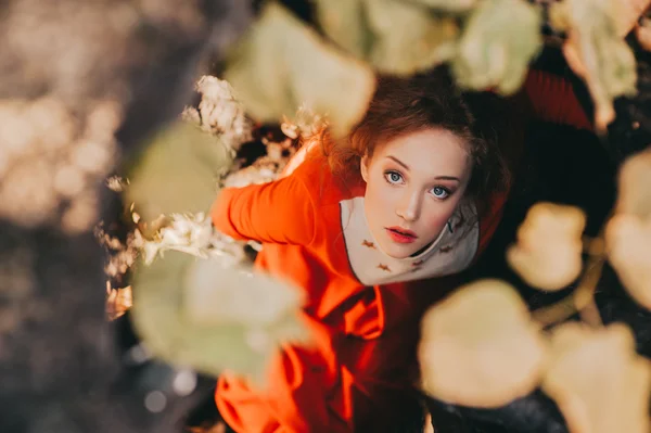 Rousse fille dans mystérieuse forêt — Photo