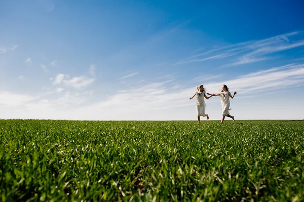 Two twin blond sisters on lawn — Stock Photo, Image