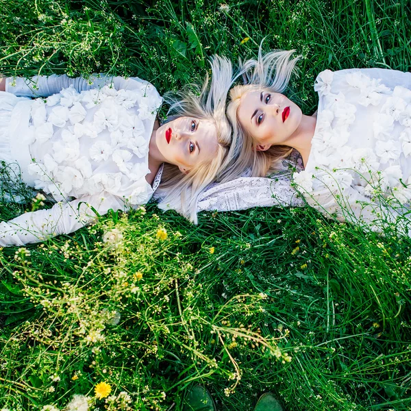 Близнюки сестри лежать на зеленій траві — стокове фото