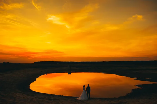 Brudparet vid solnedgången — Stockfoto