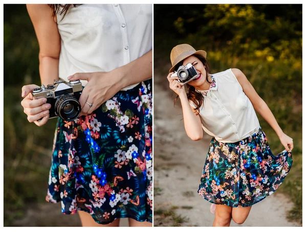 Menina posando com câmera retro — Fotografia de Stock