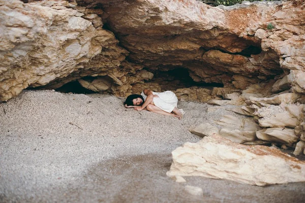 Beautiful girl at stone canyon in Greece — Stock Photo, Image