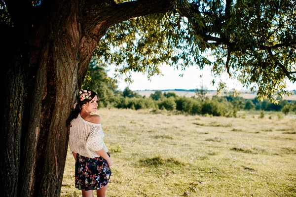Chica posando en el césped cerca de árbol viejo —  Fotos de Stock