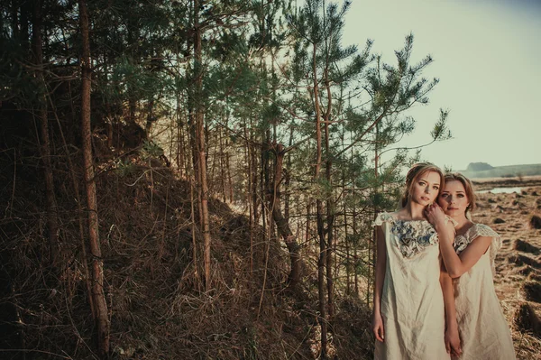 Dos hermanas rubias gemelas en el bosque —  Fotos de Stock