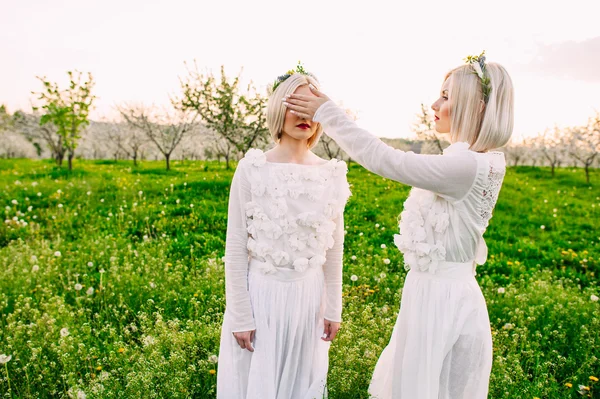 두 쌍둥이 자매는 벚꽃에 — 스톡 사진