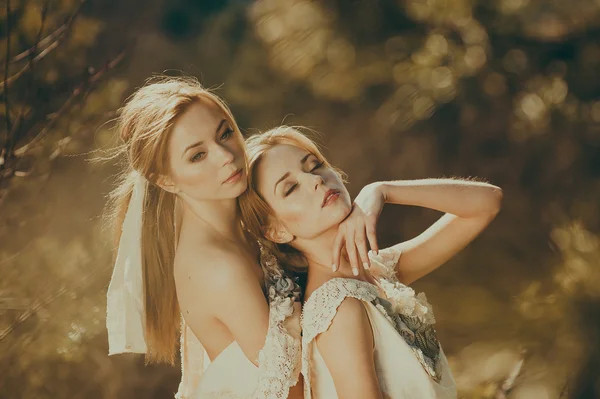 잔디밭에 두 금발 쌍둥이 자매 — 스톡 사진