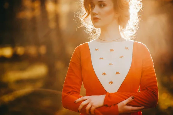 Redhead girl in mysterious forest — Stock Photo, Image