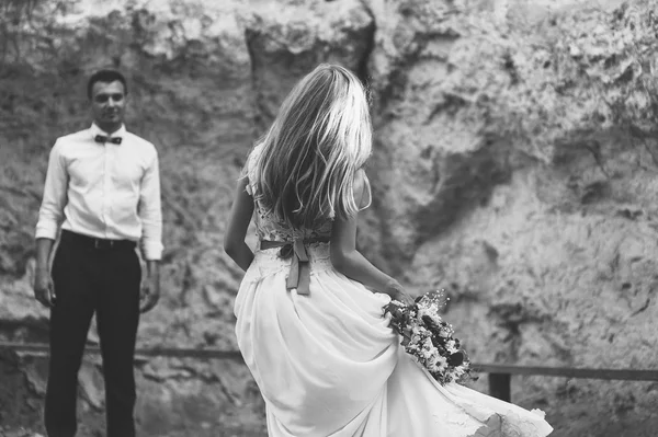 Pareja de boda cerca de rock — Foto de Stock