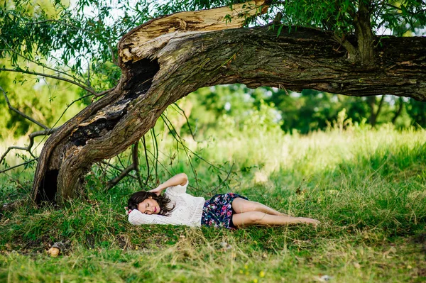 Chica posando en el césped cerca de árbol viejo — Foto de Stock