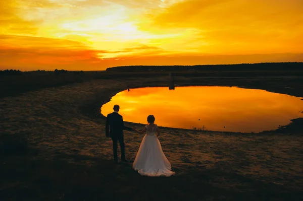 Pareja de boda en el fondo de la puesta del sol — Foto de Stock