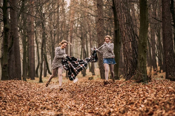 Twin sisters in forest — Stock Photo, Image