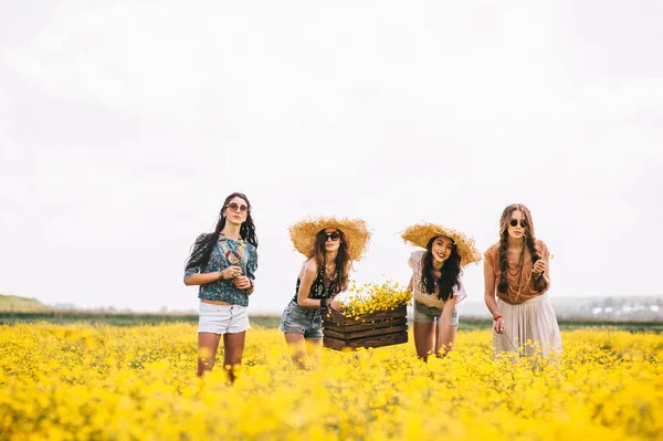 Чотири красиві дівчата хіпі в полі — стокове фото