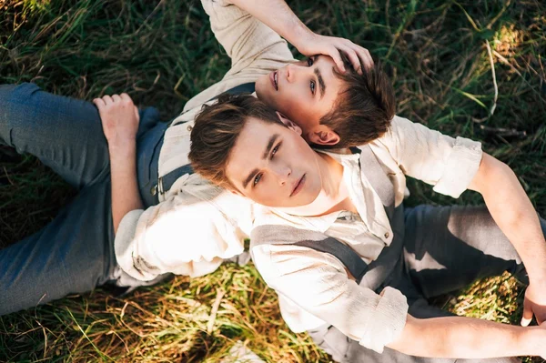 Top view portrait of twin brothers — Stock Photo, Image