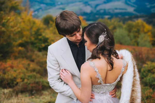 Recién casados en un paseo por las montañas —  Fotos de Stock
