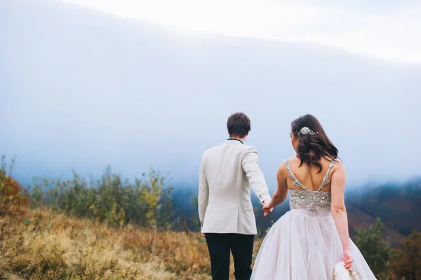 Newlyweds on a walk in mountains — Stock Photo, Image