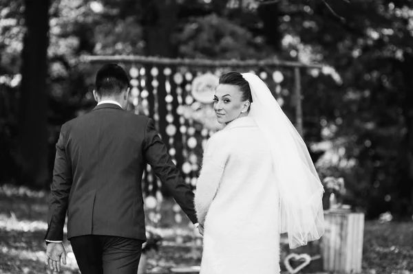 Recém-casados caminhando na floresta de outono — Fotografia de Stock