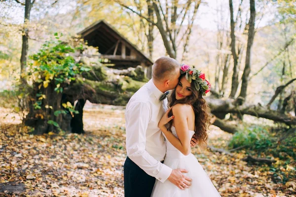 新婚夫婦が秋の森歩き — ストック写真