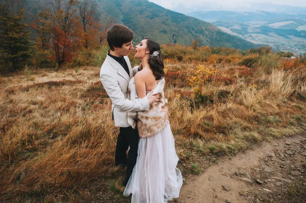 Recién casados en un paseo por las montañas —  Fotos de Stock