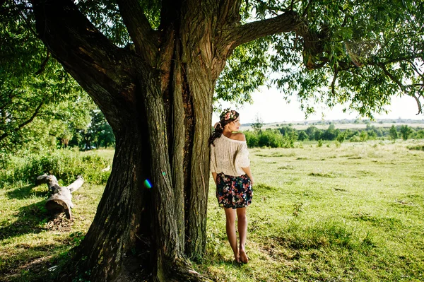 Girl on the lawn near the tree — Stock Photo, Image